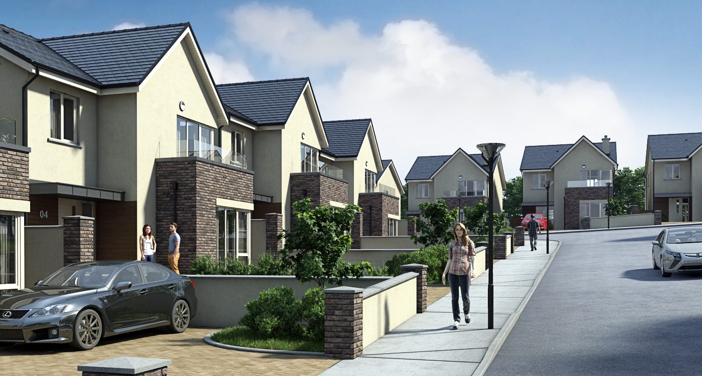 Hazel Hill, Maryborough Ridge, Cork. G-Net 3D, CGI, 3D Visualisation, Animation, 2 storey Semi detached properties with stone and plaster fronts ascending up slight hill with road on the right ascending up hill to the right. cars and pedestrians about. Blue sky. Savills