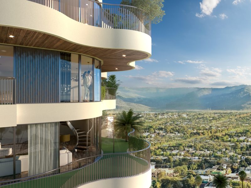 3D CGI Cé La Vi View, Islamabad, Pakistan. G-Net3d, Bahria Enclave. Luxury Apartment View over developed valley and hills. Wavy building structure creating balconies with Foliage. https://gnet.ie/