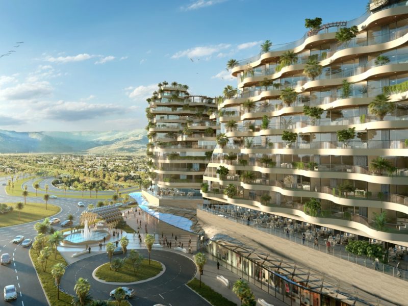 Cé La Vi , Islamabad, Pakistan. G-Net3d, Bahria Enclave. Luxury Apartment View over developed valley and hills. Wavy building structure creating balconies with Foliage. https://gnet.ie/