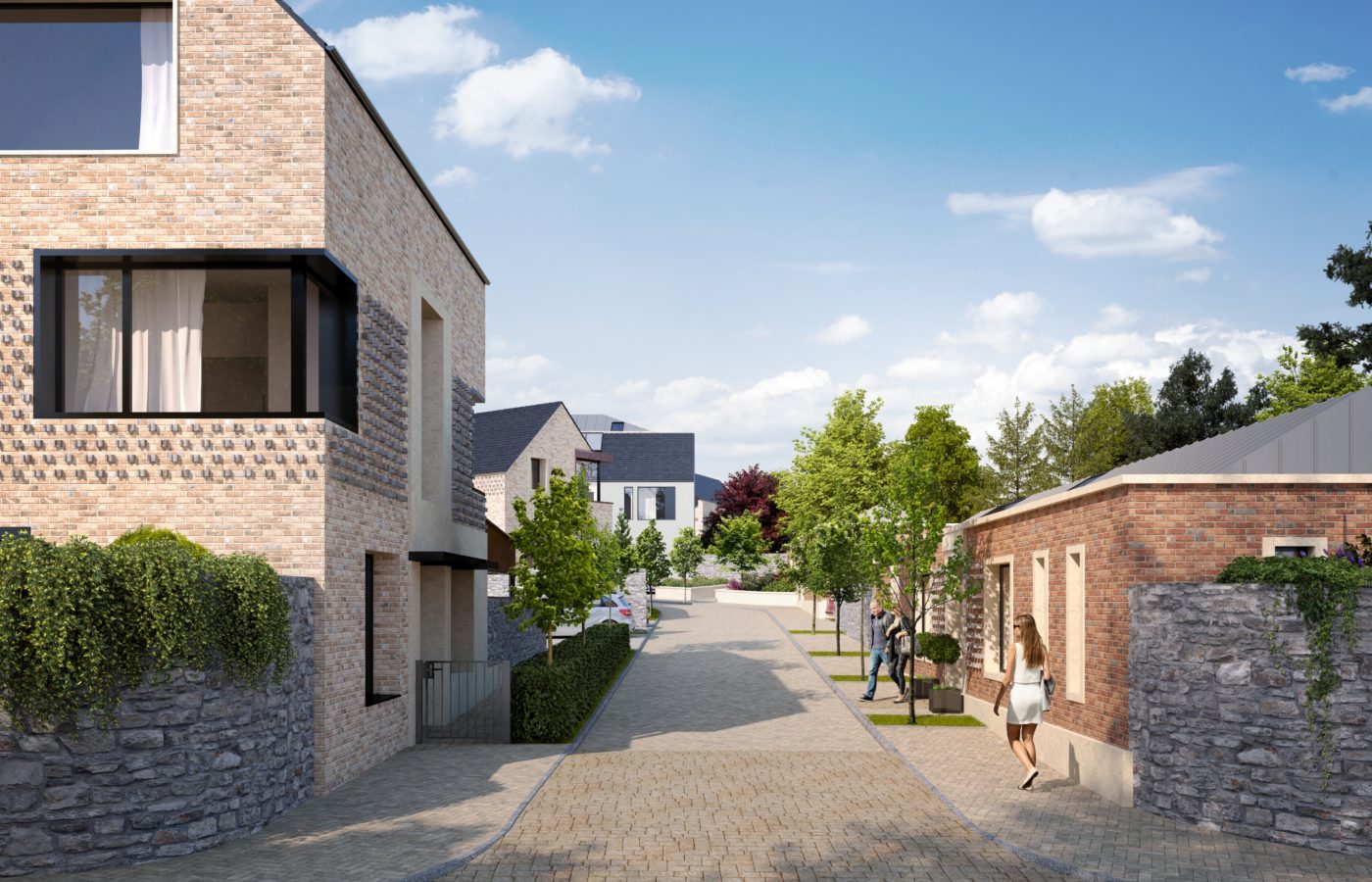Manor View, Architectural Visualisation, CGI, 3D Animation, Street View, People walking on pavement, blue sky, road into horizon, two storey building on the left, 1 storey red brick bungalow on the right, housing estate on the horizon. https://gnet.ie/
