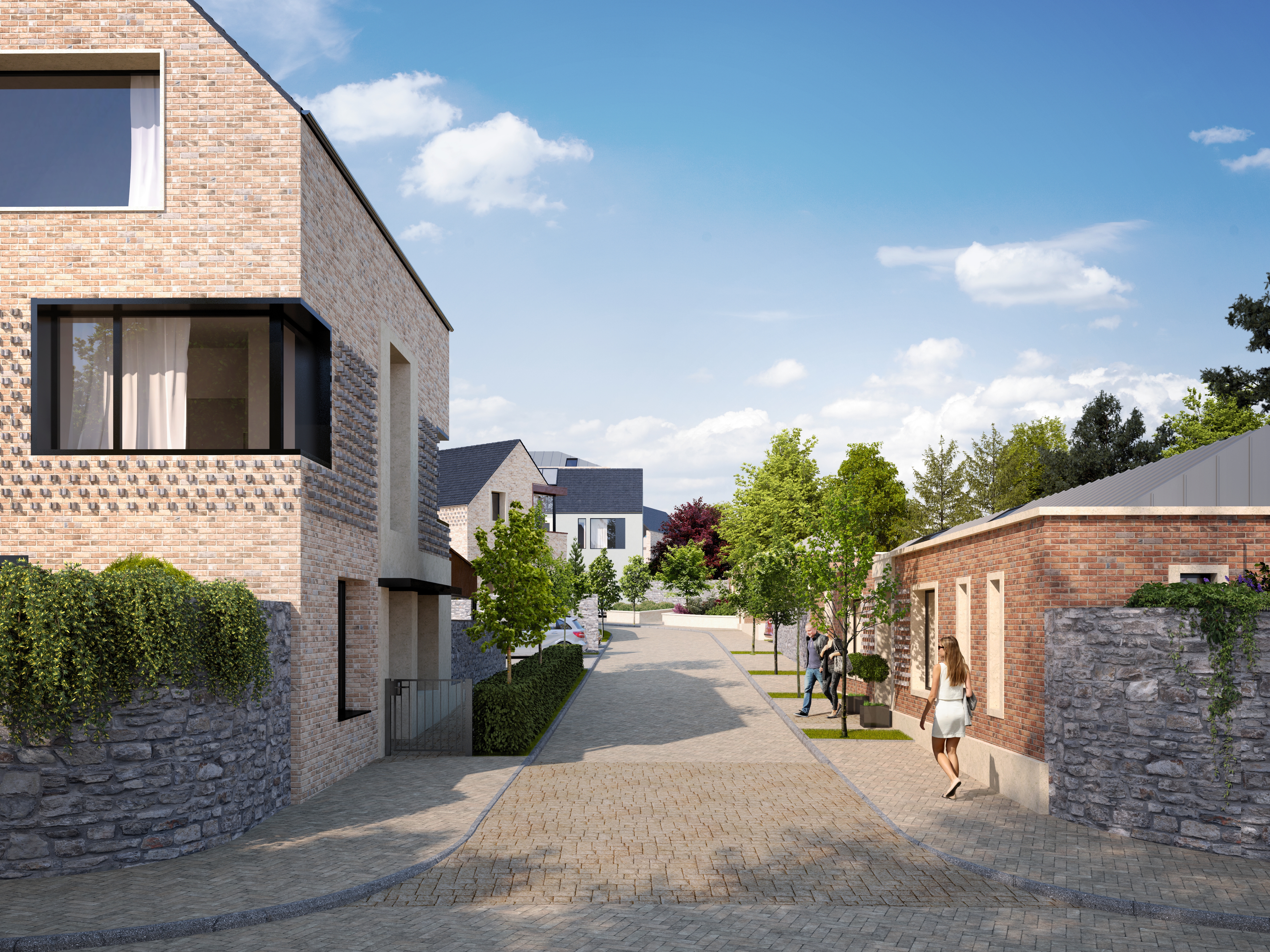 Manor View, Architectural Visualisation, CGI, 3D Animation, Street View, People walking on pavement, blue sky, road into horizon, two storey building on the left, 1 storey red brick bungalow on the right, housing estate on the horizon. https://gnet.ie/